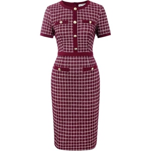 GRACE KARIN Women Summer Work Dress 2026 Short Sleeve Bodycon Tweed Dresses Button Knee Length Pencil Business Causal Outfits(Wine)