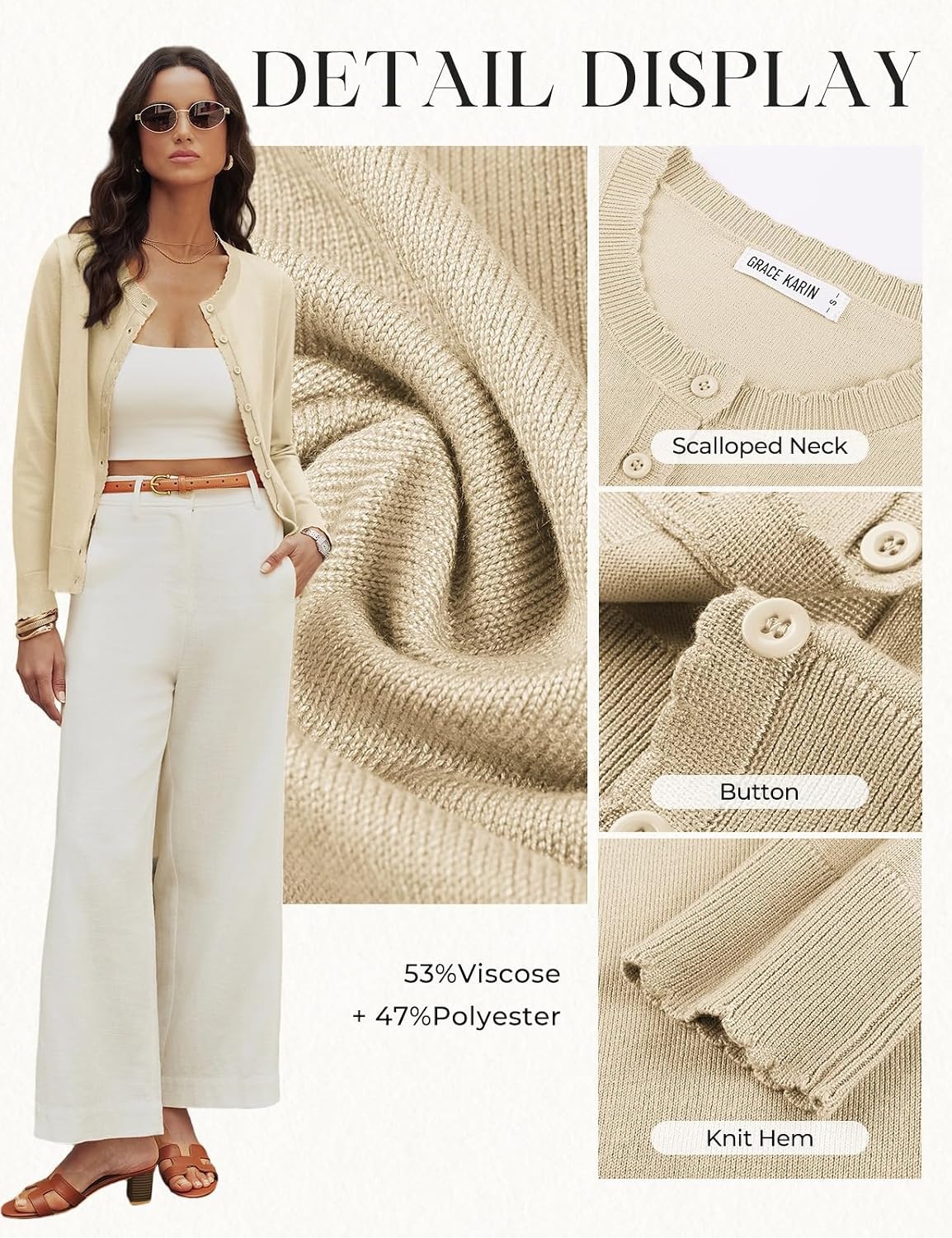 image:imageGRACE KARIN Womens Cardigan Sweaters 2026 Button Down Long Sleeve Cardigans Scalloped Knitted Summer Lightweight SweaterApricot