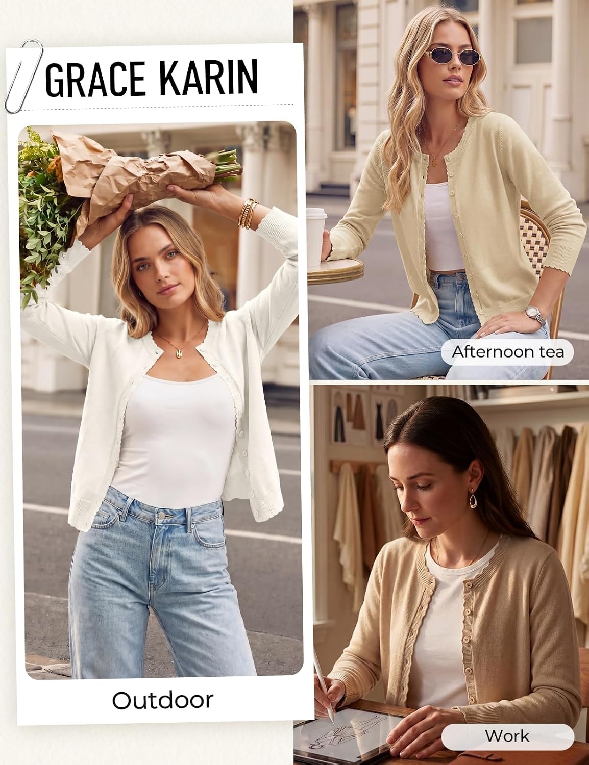 image:imageGRACE KARIN Womens Cardigan Sweaters 2026 Button Down Long Sleeve Cardigans Scalloped Knitted Summer Lightweight SweaterIvory White