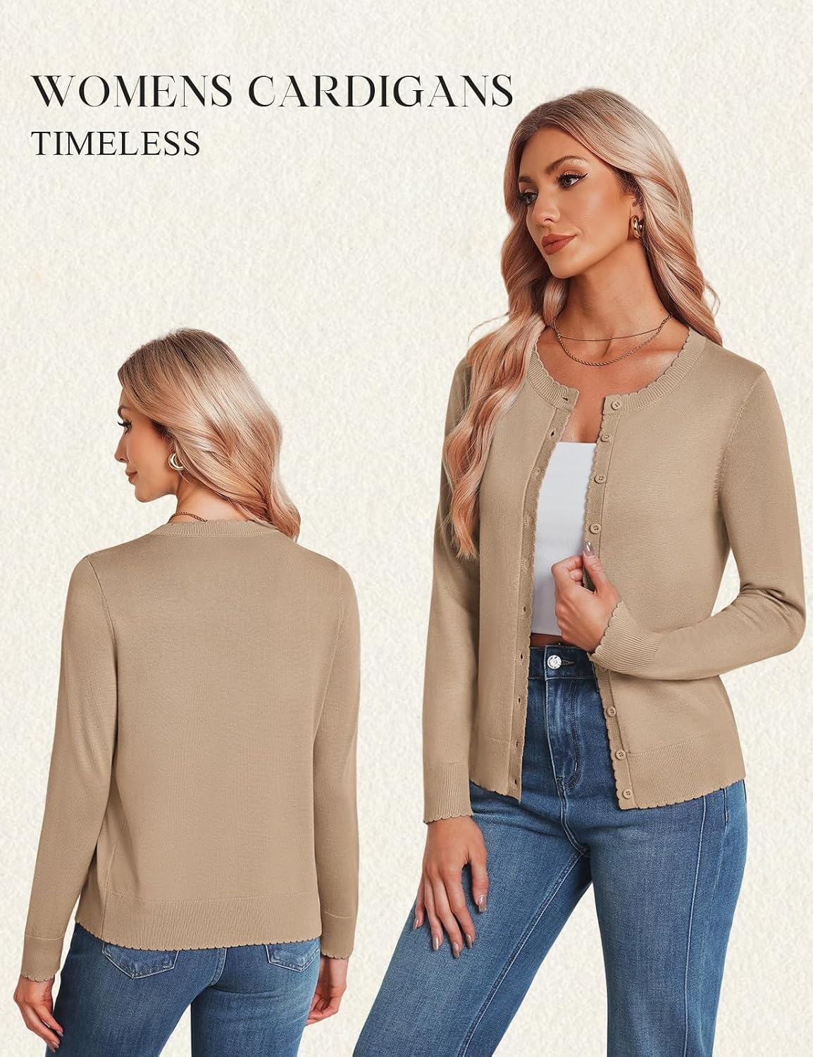 image:imageGRACE KARIN Womens Cardigan Sweaters 2026 Button Down Long Sleeve Cardigans Scalloped Knitted Summer Lightweight SweaterKhaki