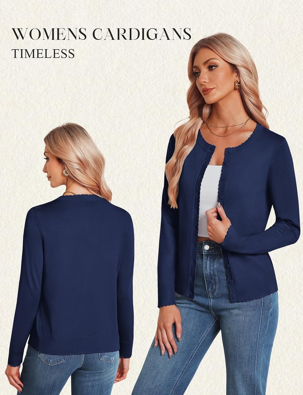 image:imageGRACE KARIN Womens Cardigan Sweaters 2026 Button Down Long Sleeve Cardigans Scalloped Knitted Summer Lightweight SweaterNavy Blue