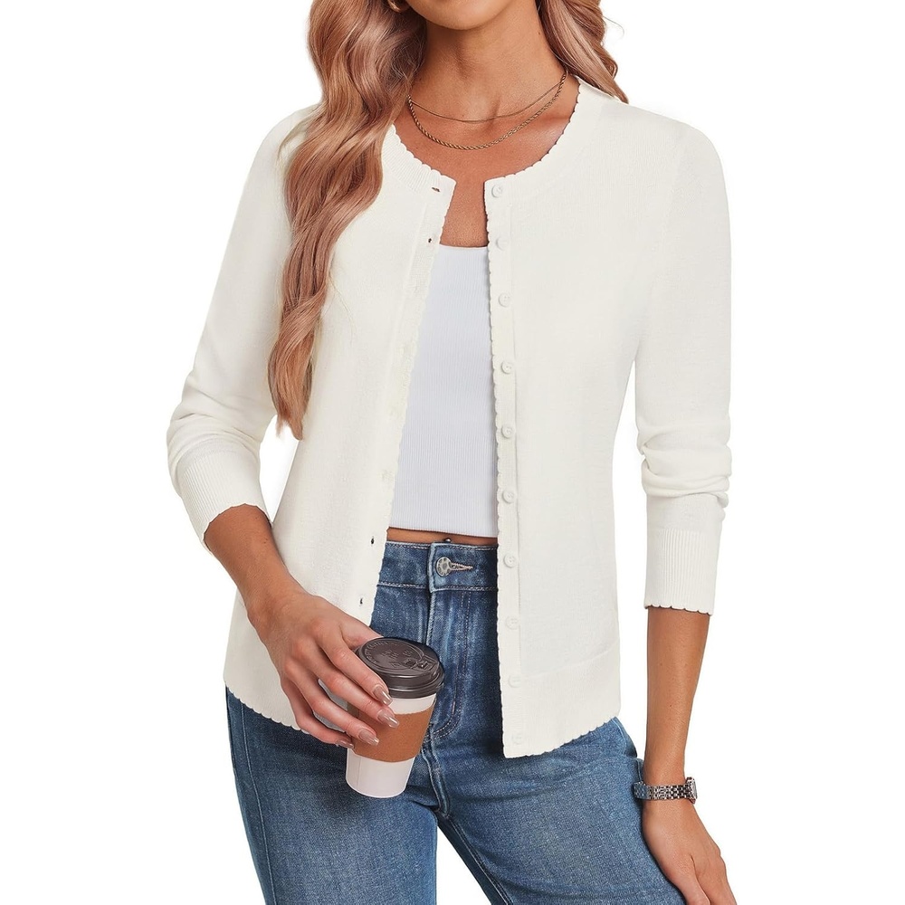 image:imageGRACE KARIN Womens Cardigan Sweaters 2026 Button Down Long Sleeve Cardigans Scalloped Knitted Summer Lightweight SweaterIvory White