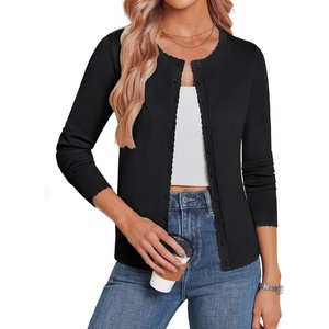 GRACE KARIN Womens Cardigan Sweaters 2026 Button Down Long Sleeve Cardigans Scalloped Knitted Summer Lightweight Sweater(Black)