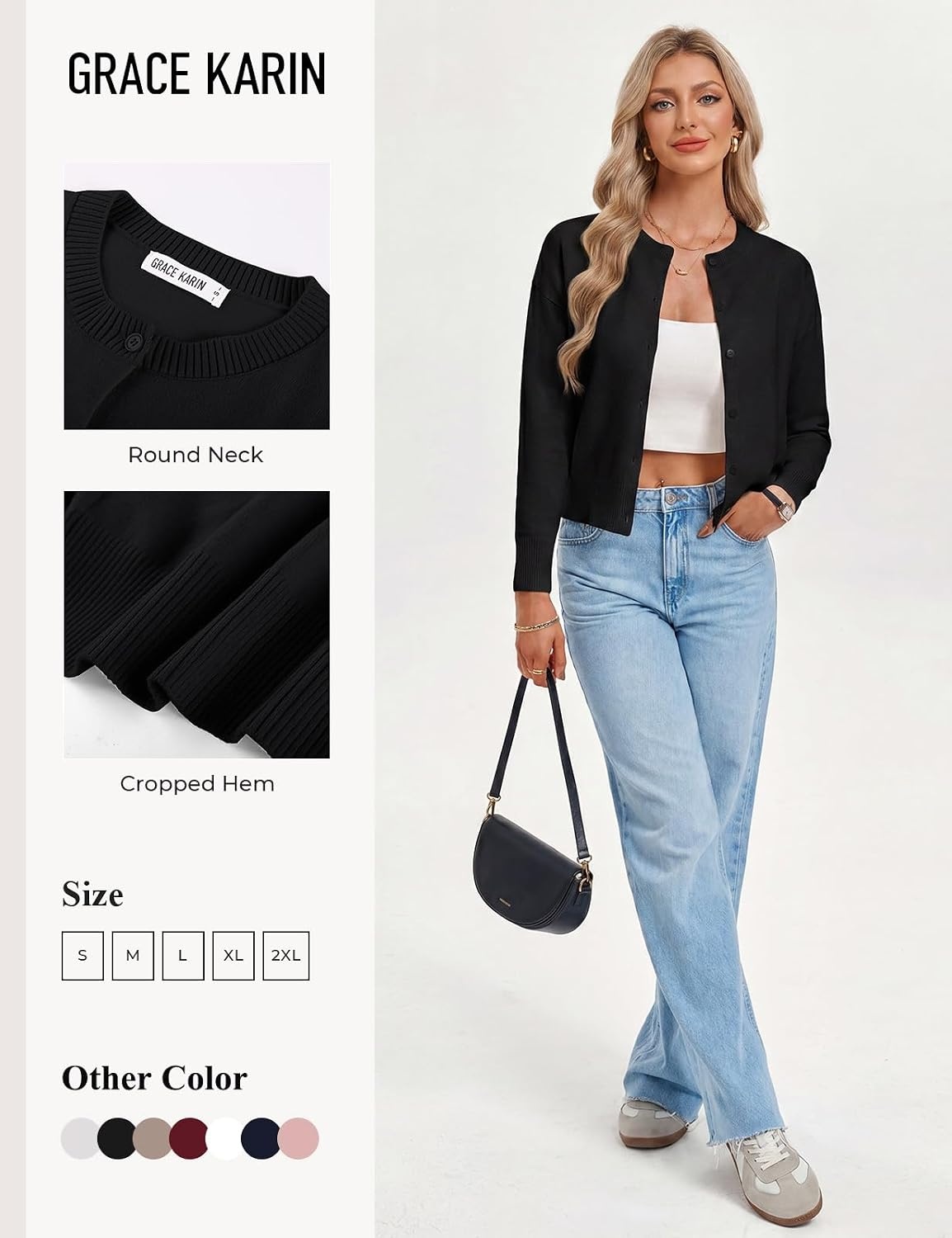 image:imageGRACE KARIN Cropped Cardigan Sweaters for Women Long Sleeve Crew Neck Open Front Jackets Y2K Fall Fashion Clothes 2026Black