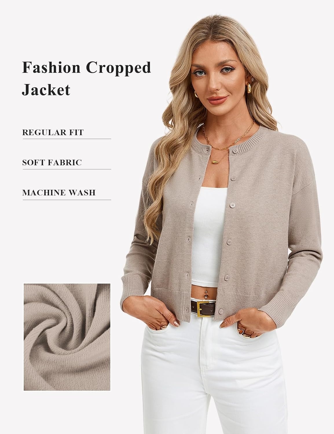 image:imageGRACE KARIN Cropped Cardigan Sweaters for Women Long Sleeve Crew Neck Open Front Jackets Y2K Fall Fashion Clothes 2026Camel