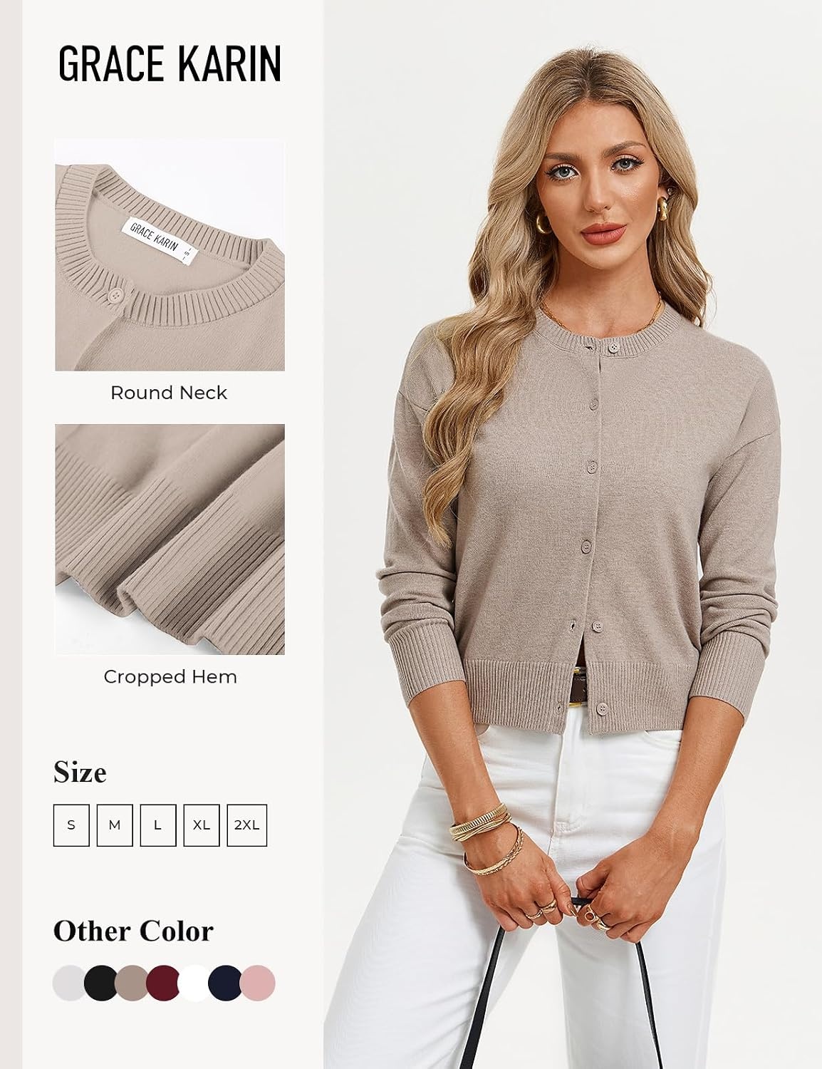 image:imageGRACE KARIN Cropped Cardigan Sweaters for Women Long Sleeve Crew Neck Open Front Jackets Y2K Fall Fashion Clothes 2026Camel