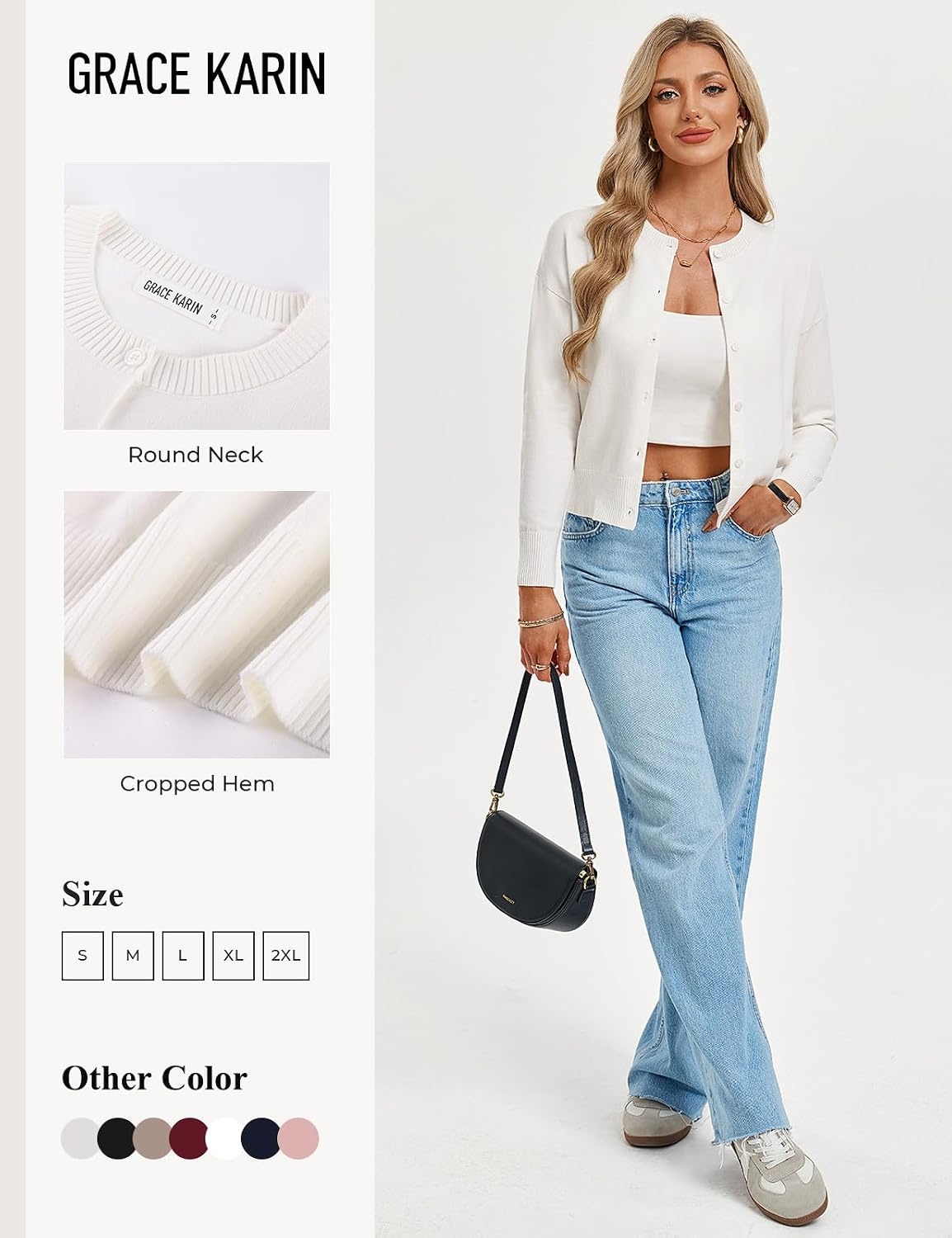 image:imageGRACE KARIN Cropped Cardigan Sweaters for Women Long Sleeve Crew Neck Open Front Jackets Y2K Fall Fashion Clothes 2026Ivory White