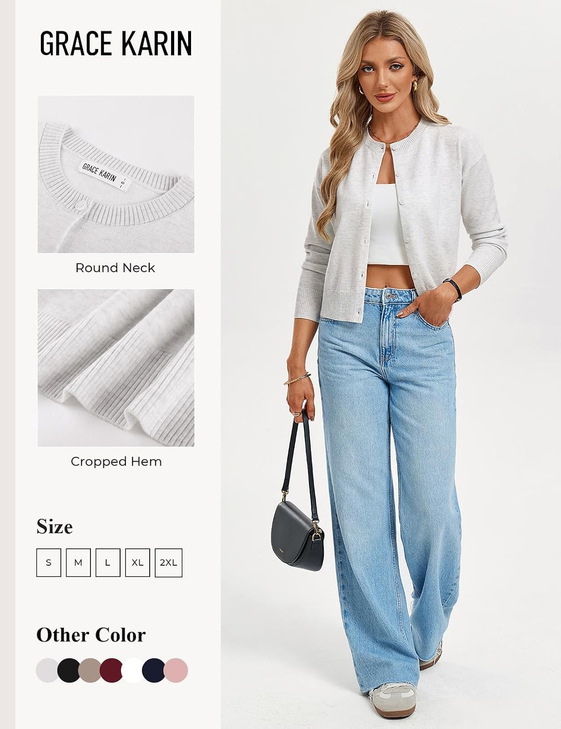 image:imageGRACE KARIN Cropped Cardigan Sweaters for Women Long Sleeve Crew Neck Open Front Jackets Y2K Fall Fashion Clothes 2026Light Gray
