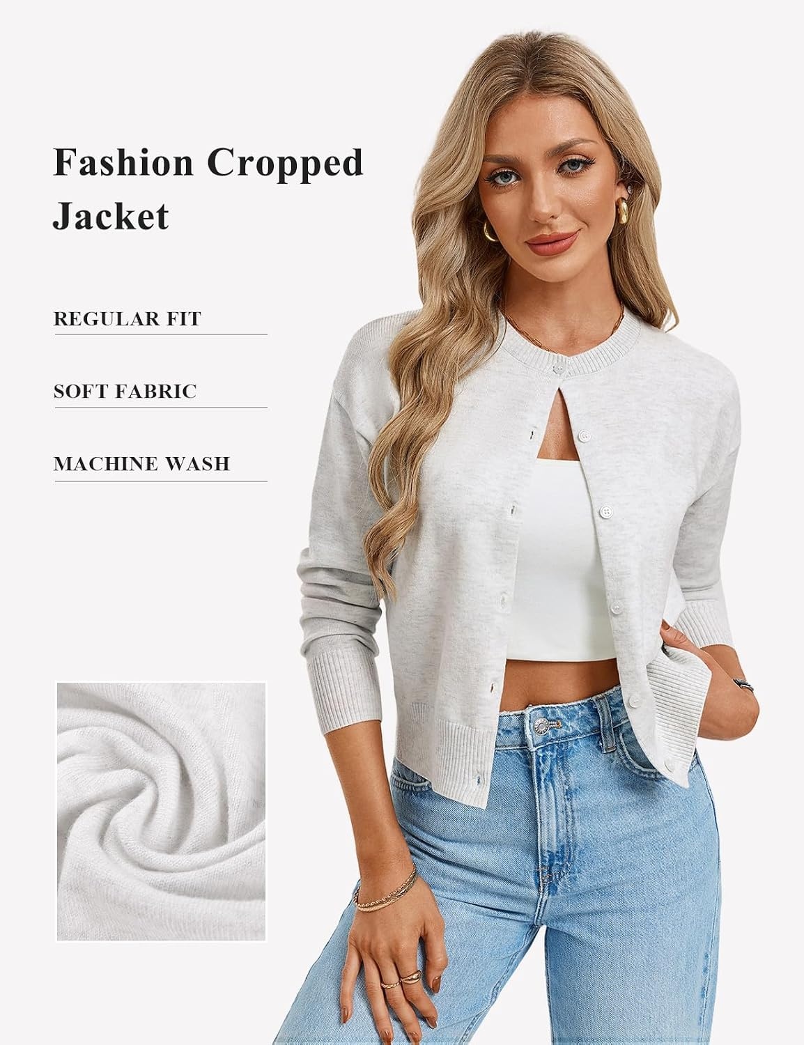 image:imageGRACE KARIN Cropped Cardigan Sweaters for Women Long Sleeve Crew Neck Open Front Jackets Y2K Fall Fashion Clothes 2026Light Gray