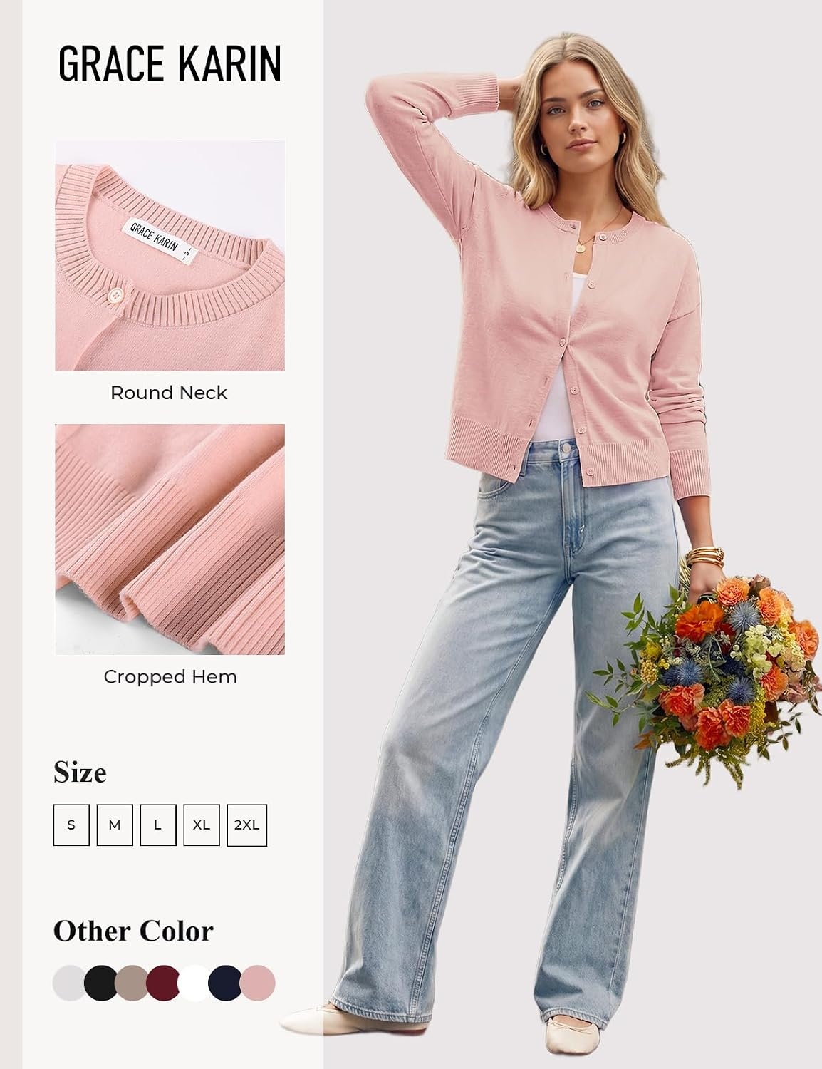 image:imageGRACE KARIN Cropped Cardigan Sweaters for Women Long Sleeve Crew Neck Open Front Jackets Y2K Fall Fashion Clothes 2026Light Pink