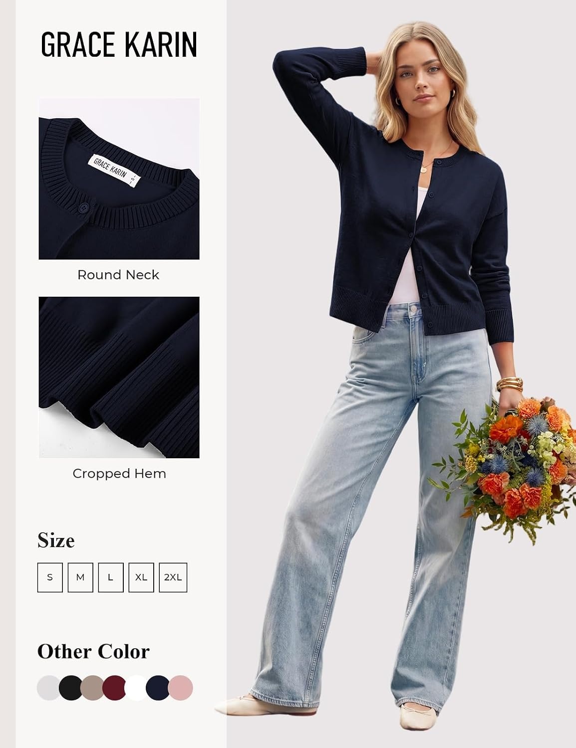 image:imageGRACE KARIN Cropped Cardigan Sweaters for Women Long Sleeve Crew Neck Open Front Jackets Y2K Fall Fashion Clothes 2026Navy Blue
