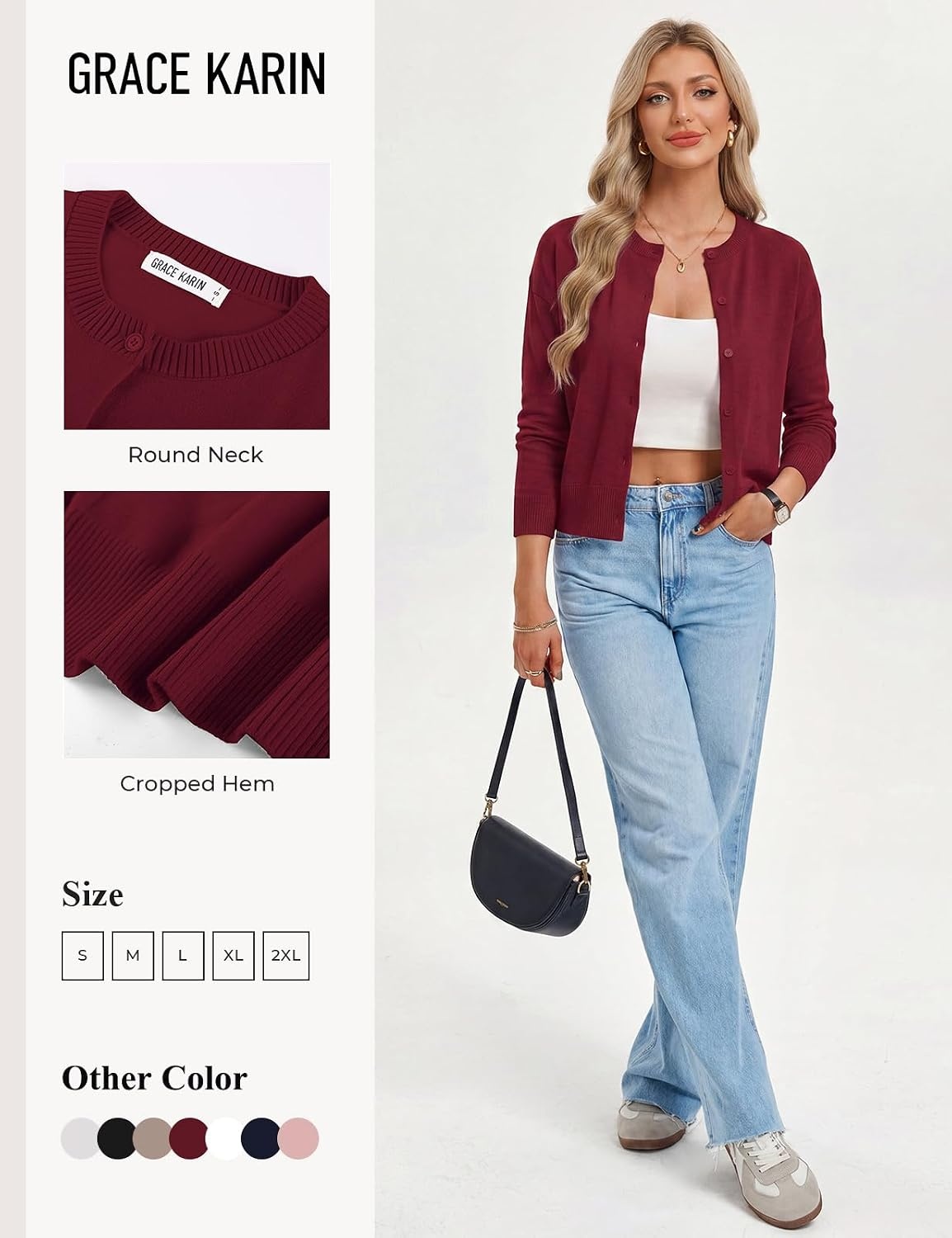 image:imageGRACE KARIN Cropped Cardigan Sweaters for Women Long Sleeve Crew Neck Open Front Jackets Y2K Fall Fashion Clothes 2026Wine Red