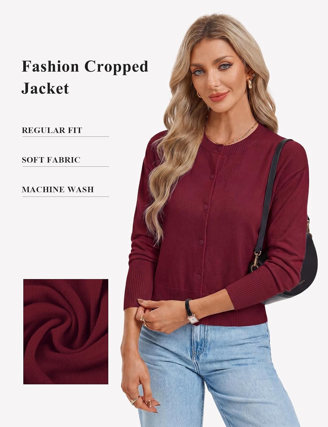 image:imageGRACE KARIN Cropped Cardigan Sweaters for Women Long Sleeve Crew Neck Open Front Jackets Y2K Fall Fashion Clothes 2026Wine Red