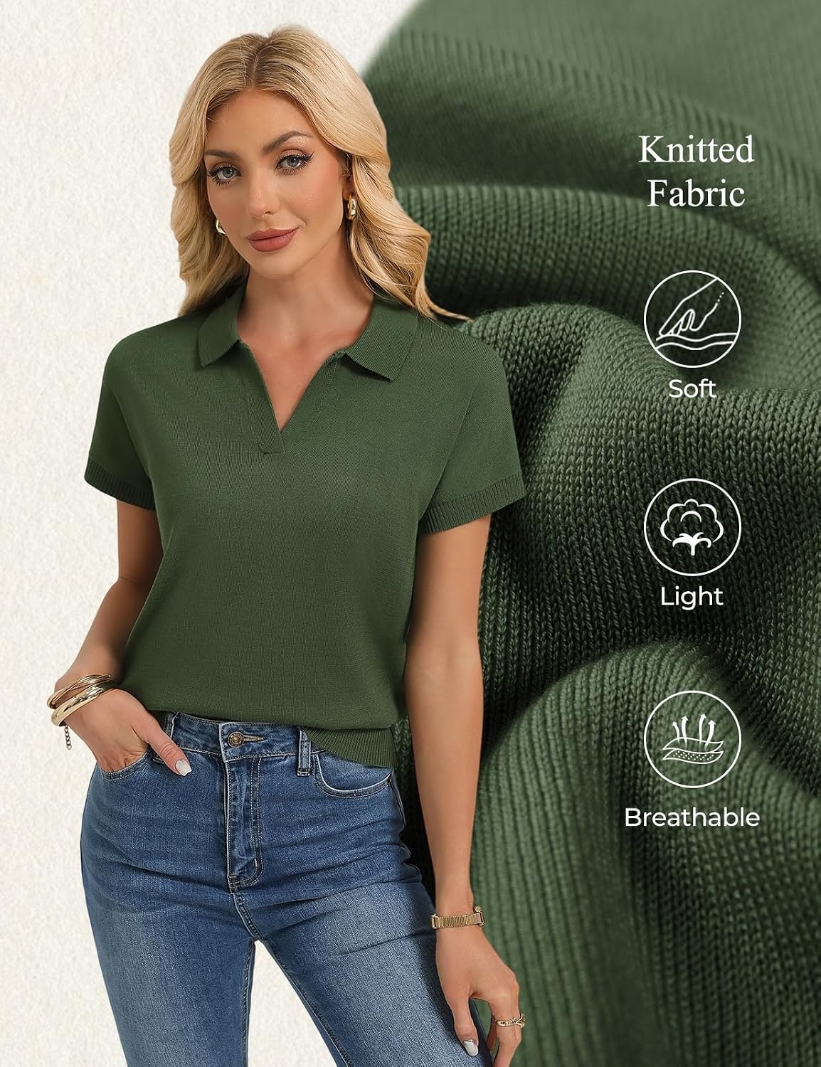 image:imageGRACE KARIN Women Short Sleeve Sweater Summer Business Casual Knit Tops V Neck Collared Work Polo ShirtArmy Green