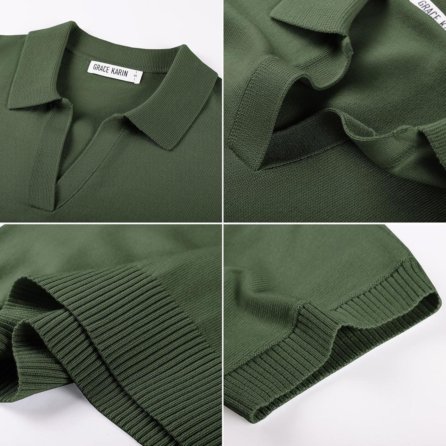 image:imageGRACE KARIN Women Short Sleeve Sweater Summer Business Casual Knit Tops V Neck Collared Work Polo ShirtArmy Green