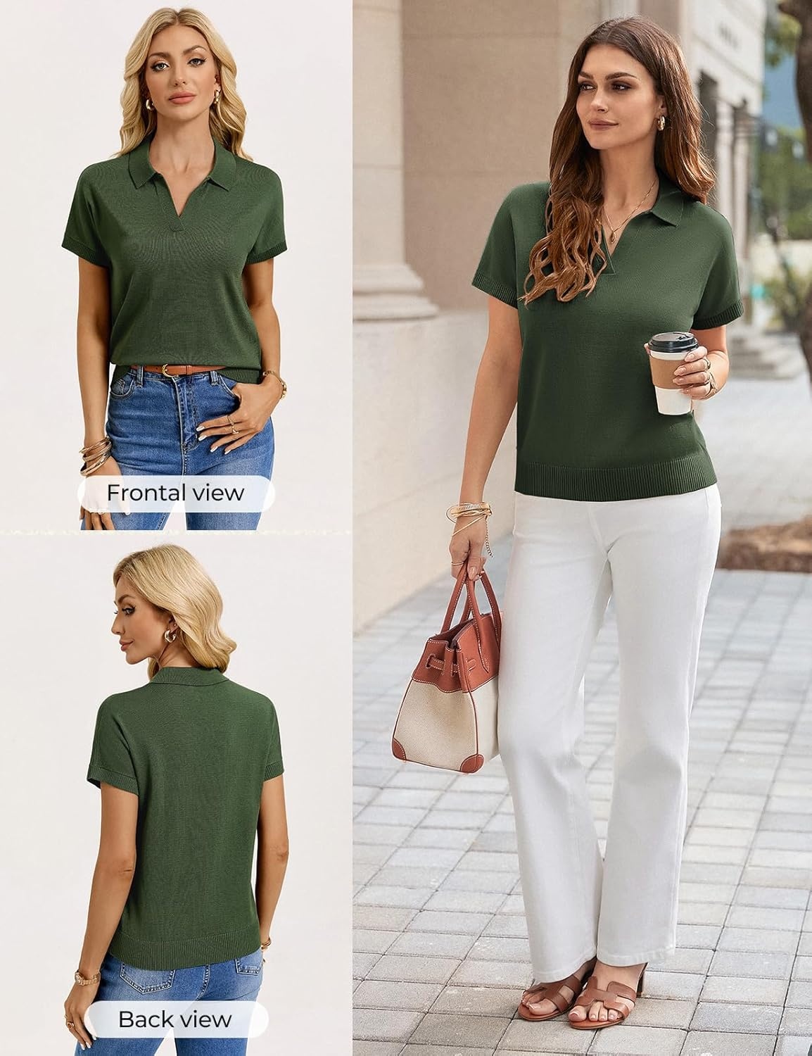 image:imageGRACE KARIN Women Short Sleeve Sweater Summer Business Casual Knit Tops V Neck Collared Work Polo ShirtArmy Green