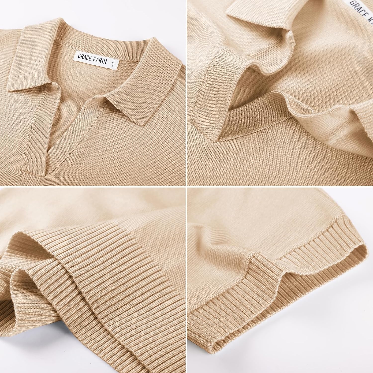 image:imageGRACE KARIN Women Short Sleeve Sweater Summer Business Casual Knit Tops V Neck Collared Work Polo ShirtBeige