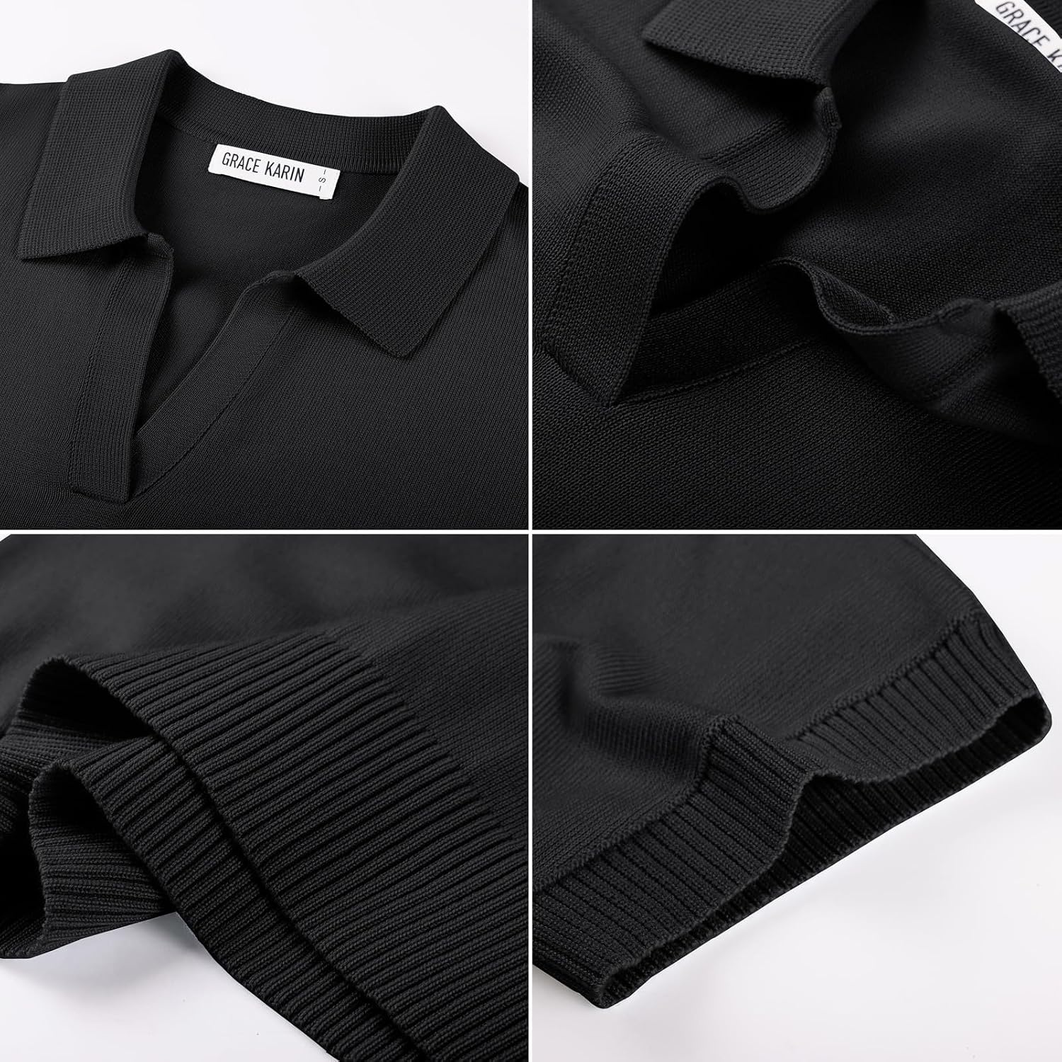 image:imageGRACE KARIN Women Short Sleeve Sweater Summer Business Casual Knit Tops V Neck Collared Work Polo ShirtBlack