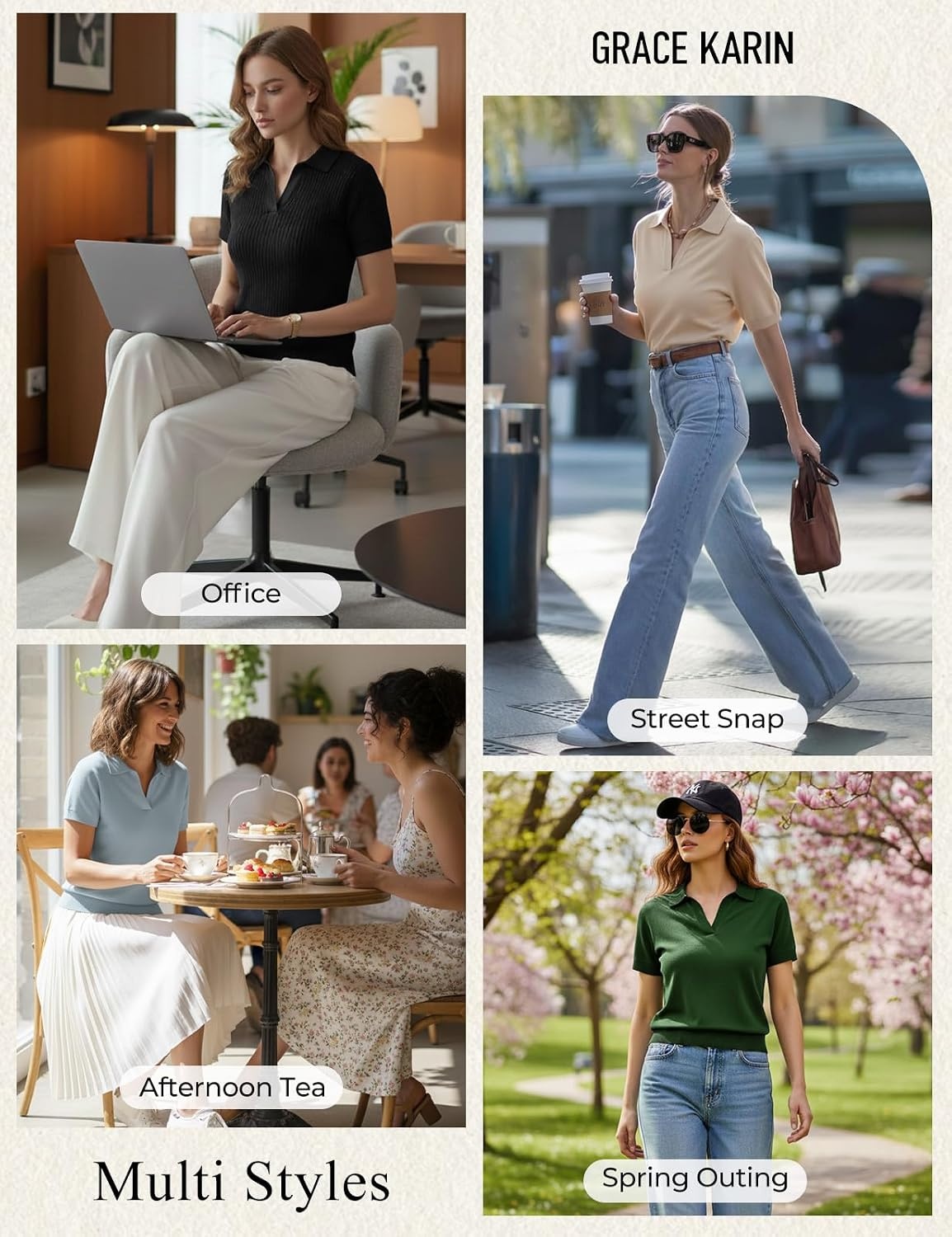 image:imageGRACE KARIN Women Short Sleeve Sweater Summer Business Casual Knit Tops V Neck Collared Work Polo ShirtBlack