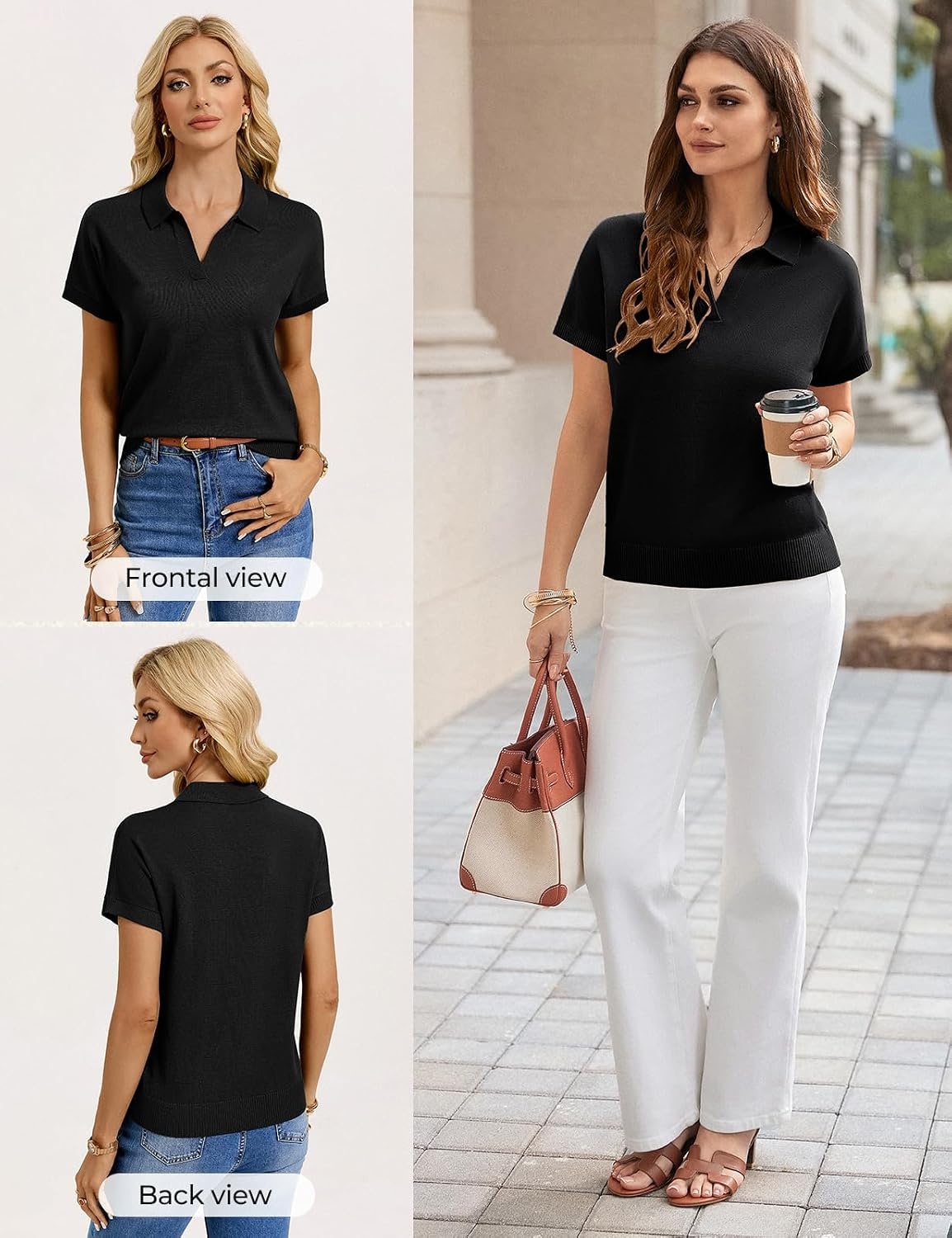 image:imageGRACE KARIN Women Short Sleeve Sweater Summer Business Casual Knit Tops V Neck Collared Work Polo ShirtBlack