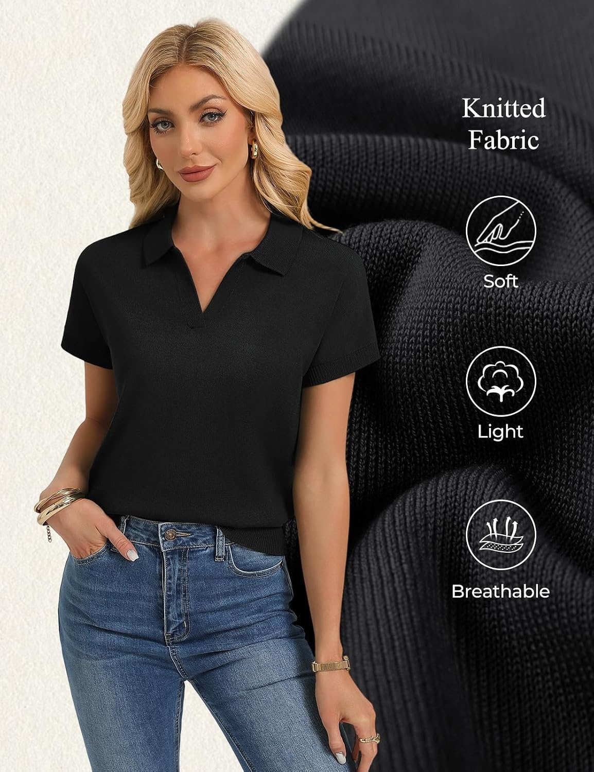 image:imageGRACE KARIN Women Short Sleeve Sweater Summer Business Casual Knit Tops V Neck Collared Work Polo ShirtBlack
