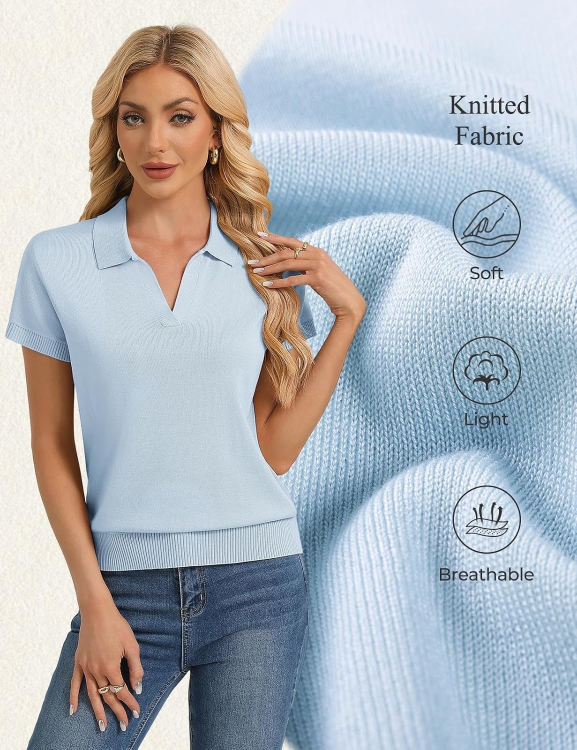 image:imageGRACE KARIN Women Short Sleeve Sweater Summer Business Casual Knit Tops V Neck Collared Work Polo ShirtLight Blue