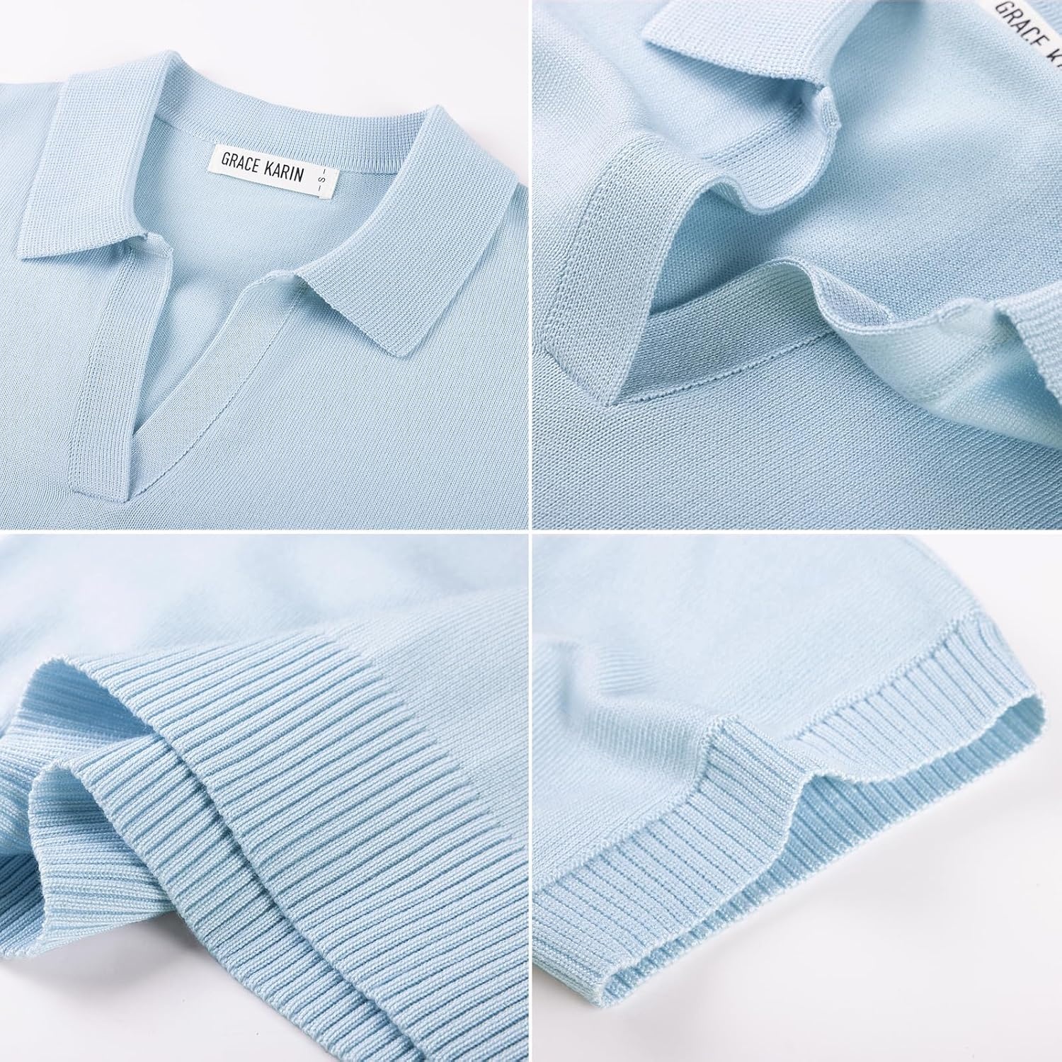 image:imageGRACE KARIN Women Short Sleeve Sweater Summer Business Casual Knit Tops V Neck Collared Work Polo ShirtLight Blue