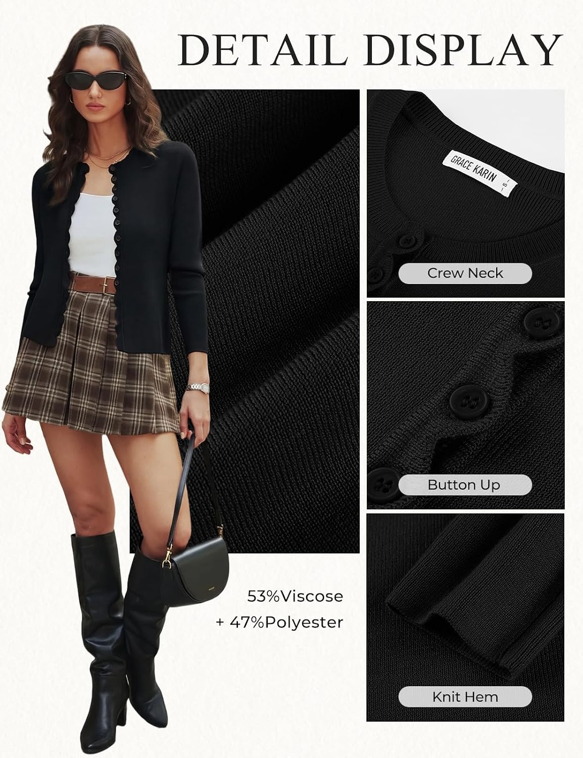 image:imageGRACE KARIN Womens Lightweight Cardigan Sweaters Cropped Button Up Scalloped Summer Outfits for Women 2026Black