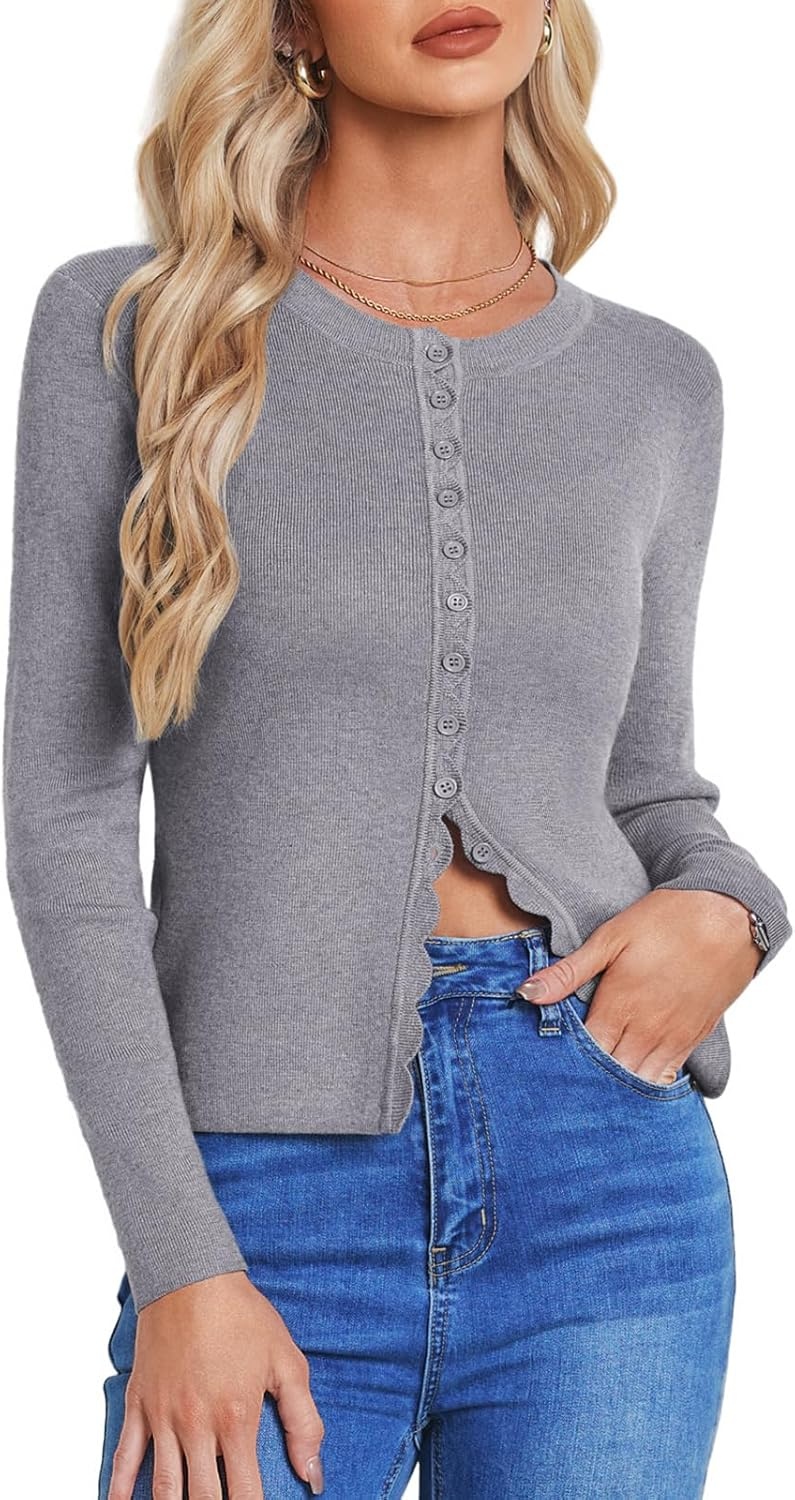 image:imageGRACE KARIN Womens Lightweight Cardigan Sweaters Cropped Button Up Scalloped Summer Outfits for Women 2026Grey