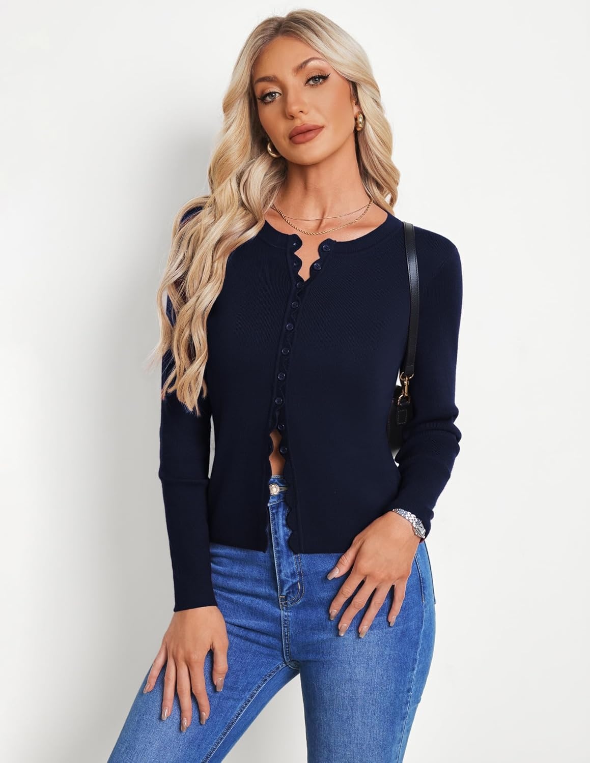 image:imageGRACE KARIN Womens Lightweight Cardigan Sweaters Cropped Button Up Scalloped Summer Outfits for Women 2026Navy Blue
