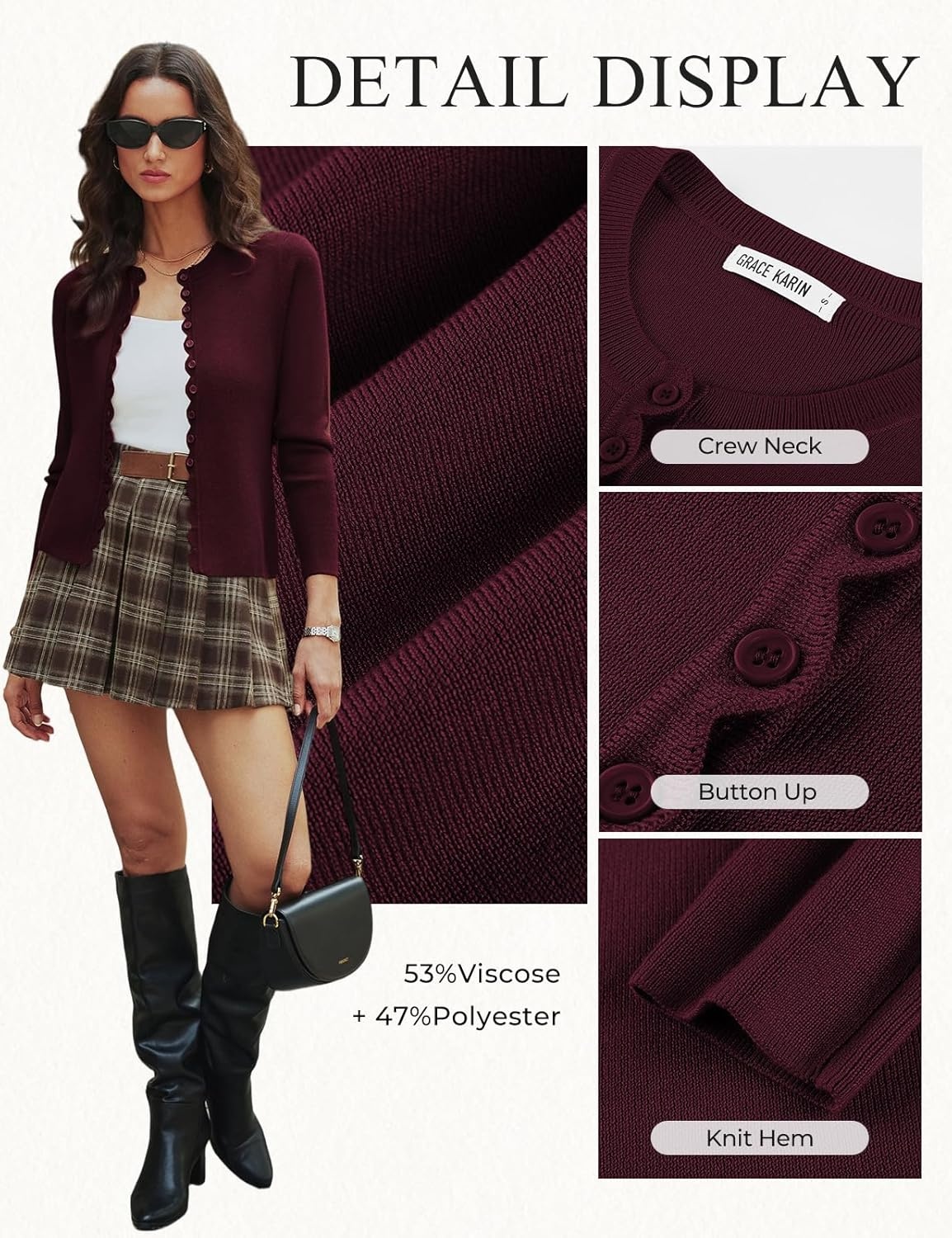 image:imageGRACE KARIN Womens Lightweight Cardigan Sweaters Cropped Button Up Scalloped Summer Outfits for Women 2026Wine Red