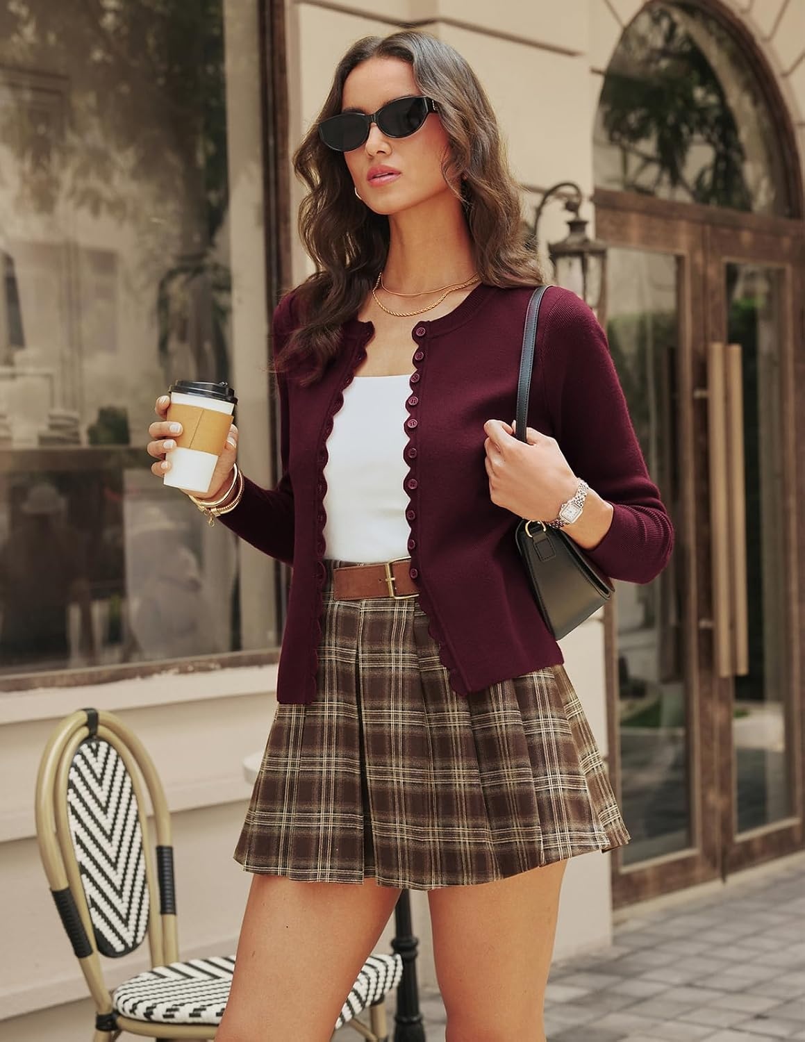 image:imageGRACE KARIN Womens Lightweight Cardigan Sweaters Cropped Button Up Scalloped Summer Outfits for Women 2026Wine Red