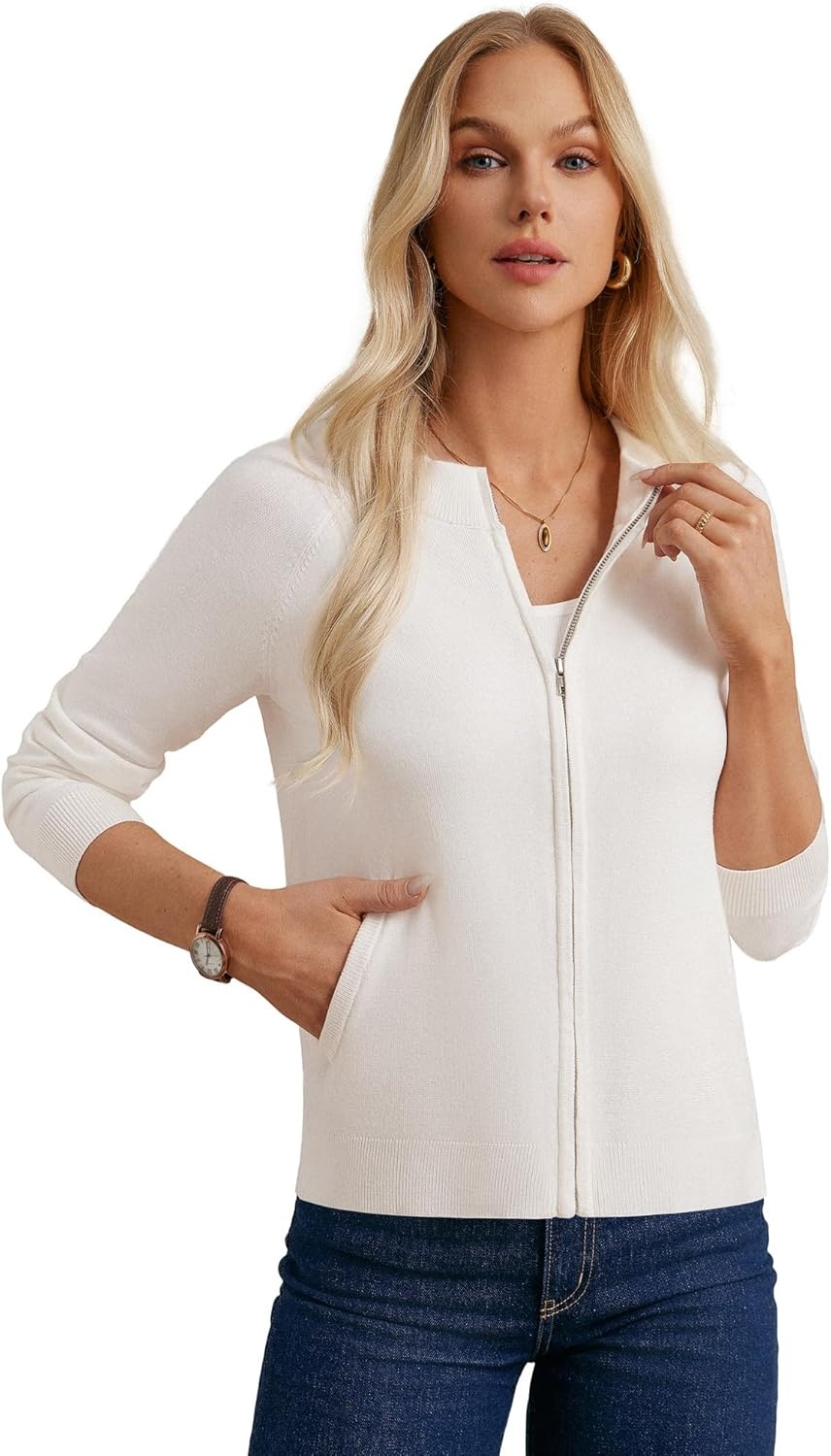 image:imageGRACE KARIN Womens Long Sleeve Zip Up Cardigan Sweaters Lightweight Sweater Jacket Knitted Fashion ClothesIvory White