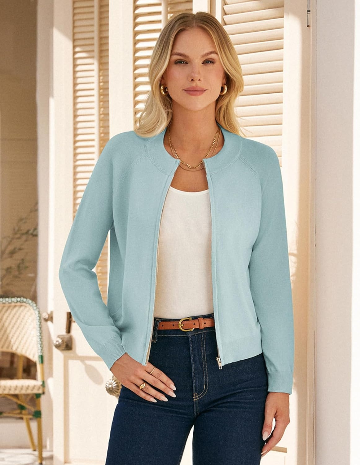 image:imageGRACE KARIN Womens Long Sleeve Zip Up Cardigan Sweaters Lightweight Sweater Jacket Knitted Fashion ClothesMint Blue