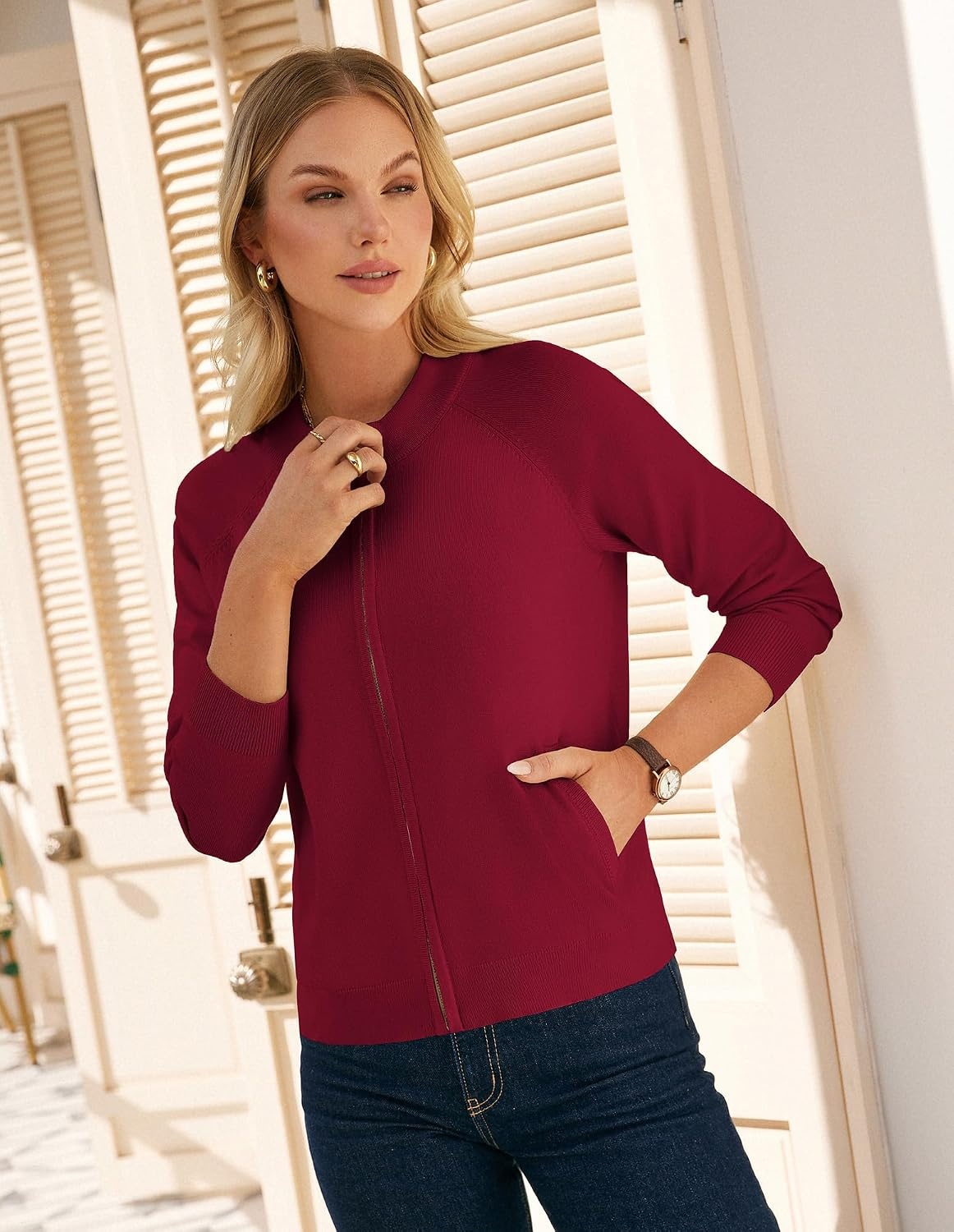 image:imageGRACE KARIN Womens Long Sleeve Zip Up Cardigan Sweaters Lightweight Sweater Jacket Knitted Fashion ClothesRed