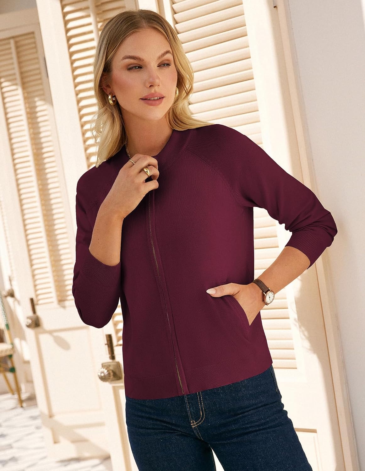 image:imageGRACE KARIN Womens Long Sleeve Zip Up Cardigan Sweaters Lightweight Sweater Jacket Knitted Fashion ClothesWine Red