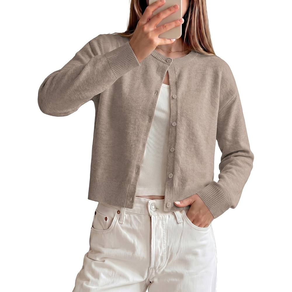 image:imageGRACE KARIN Cropped Cardigan Sweaters for Women Long Sleeve Crew Neck Open Front Jackets Y2K Fall Fashion Clothes 2026Camel