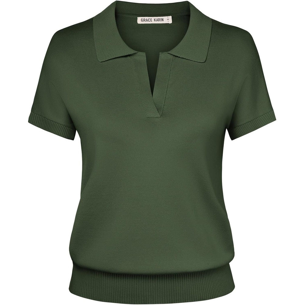 image:imageGRACE KARIN Women Short Sleeve Sweater Summer Business Casual Knit Tops V Neck Collared Work Polo ShirtArmy Green