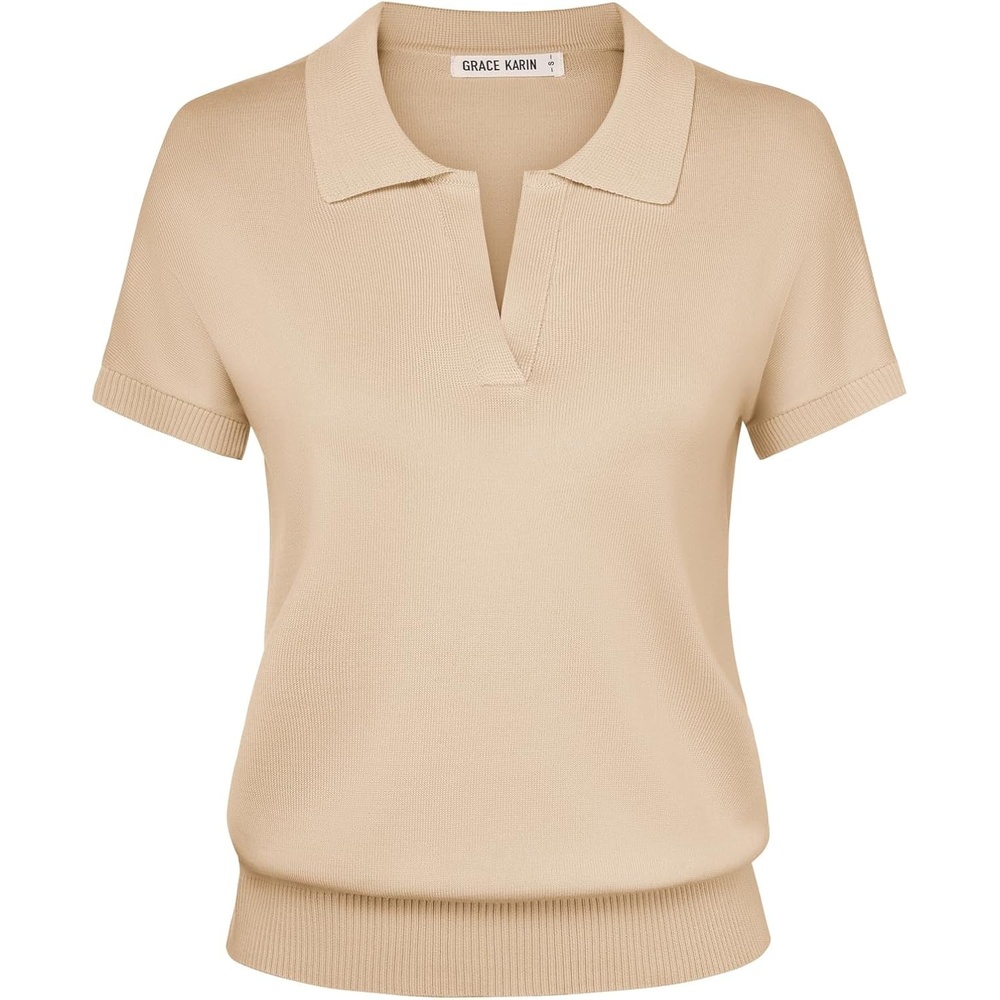 image:imageGRACE KARIN Women Short Sleeve Sweater Summer Business Casual Knit Tops V Neck Collared Work Polo ShirtBeige