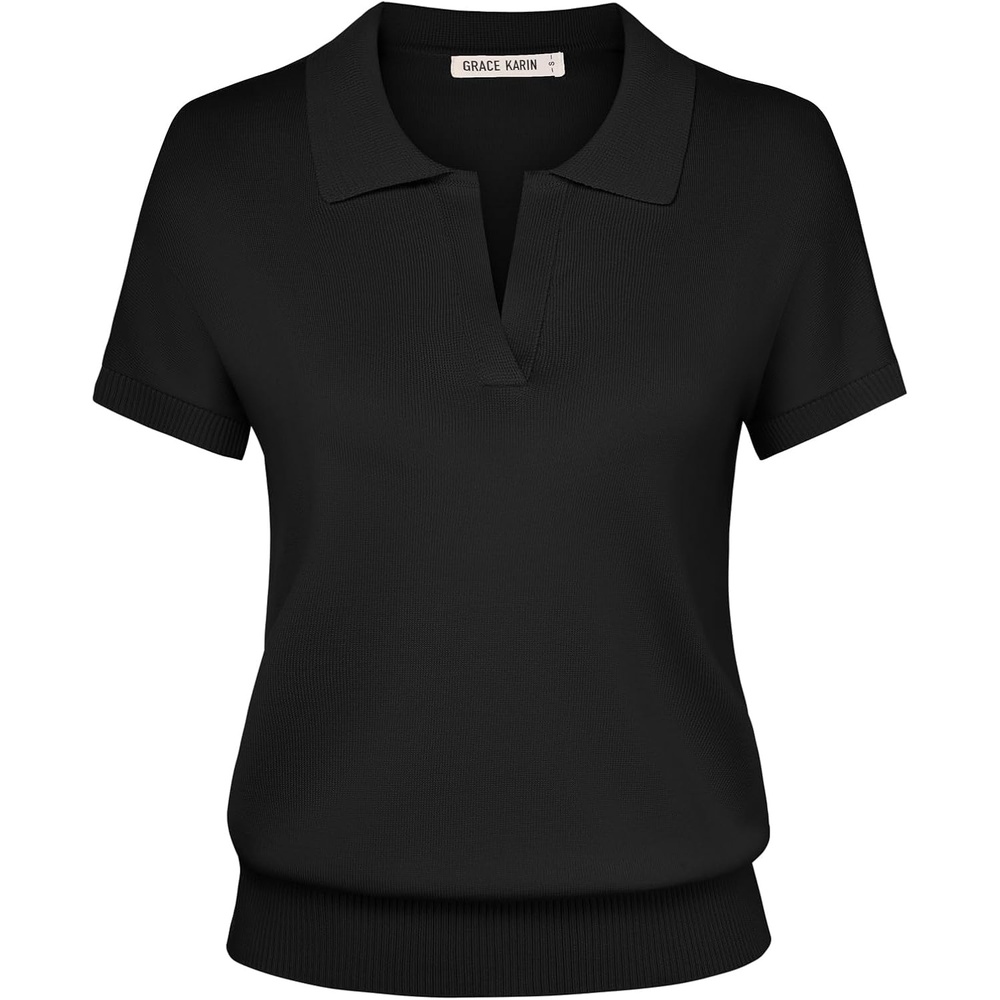 image:imageGRACE KARIN Women Short Sleeve Sweater Summer Business Casual Knit Tops V Neck Collared Work Polo ShirtBlack