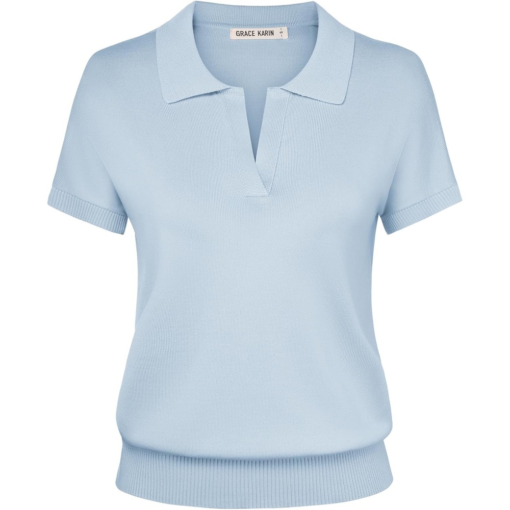 image:imageGRACE KARIN Women Short Sleeve Sweater Summer Business Casual Knit Tops V Neck Collared Work Polo ShirtLight Blue