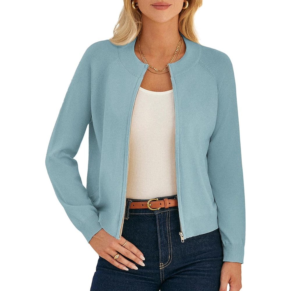 image:imageGRACE KARIN Womens Long Sleeve Zip Up Cardigan Sweaters Lightweight Sweater Jacket Knitted Fashion ClothesPastel Turquoise