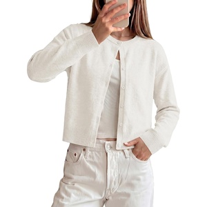 GRACE KARIN Cropped Cardigan Sweaters for Women Long Sleeve Crew Neck Open Front Jackets Y2K Fall Fashion Clothes 2026(Ivory White)