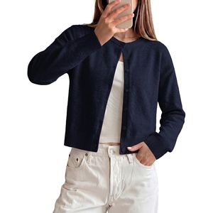 GRACE KARIN Cropped Cardigan Sweaters for Women Long Sleeve Crew Neck Open Front Jackets Y2K Fall Fashion Clothes 2026(Navy Blue)