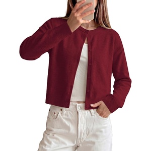 GRACE KARIN Cropped Cardigan Sweaters for Women Long Sleeve Crew Neck Open Front Jackets Y2K Fall Fashion Clothes 2026(Wine Red)