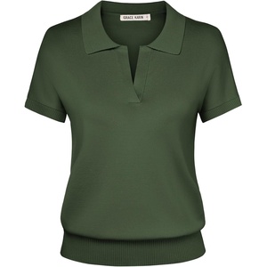 GRACE KARIN Women Short Sleeve Sweater Summer Business Casual Knit Tops V Neck Collared Work Polo Shirt(Army Green)