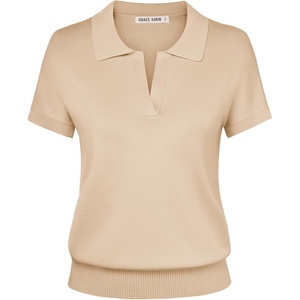 GRACE KARIN Women Short Sleeve Sweater Summer Business Casual Knit Tops V Neck Collared Work Polo Shirt(Beige)