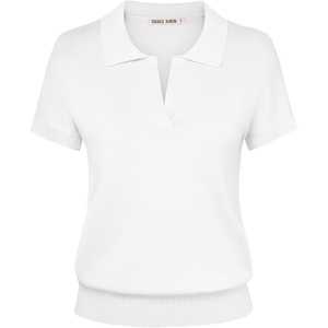 GRACE KARIN Women Short Sleeve Sweater Summer Business Casual Knit Tops V Neck Collared Work Polo Shirt(Ivory White)