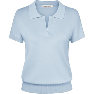 GRACE KARIN Women Short Sleeve Sweater Summer Business Casual Knit Tops V Neck Collared Work Polo Shirt(Light Blue)
