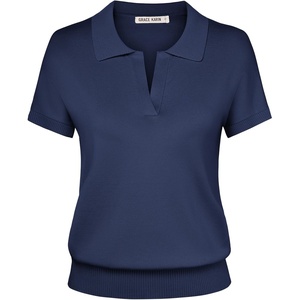 GRACE KARIN Women Short Sleeve Sweater Summer Business Casual Knit Tops V Neck Collared Work Polo Shirt(Navy Blue)